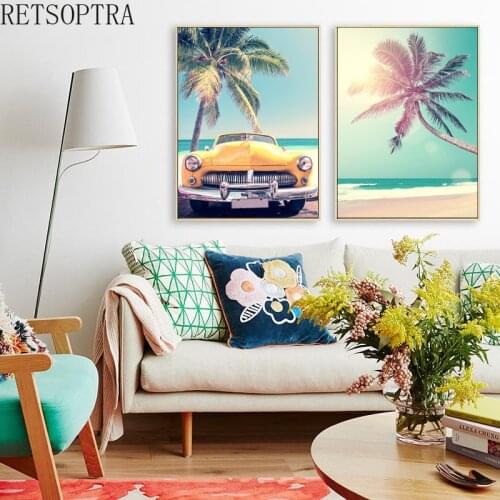 Summer Sunny Beach Landscape Canvas Painting Palm Yellow Car Seaside Vehicle Surfboard Poster Art Print Wall Picture Home Decor