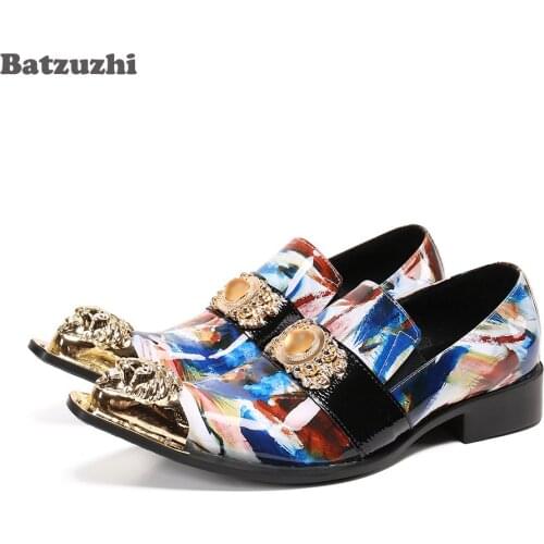 Batzuzhi Fashion Mens Shoes Gold Metal Toe Genuine LEATHER dress Shoes for Men Party and Wedding, Business Zapatos Hombre,38-46