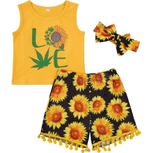 Fashion 0-5Y Children Clothing Summer Kid Baby Girl Clothes Outfit Sunflower Print Sleeveless T shirt Shorts Headband 3pcs