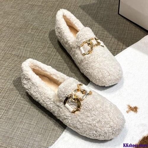 Chain Lambswool Flats Moccasins Femme Slip On Plush Winter Ladies Shoes Curly Furry Loafers Women Creepers Zapatos Plus Size 43
