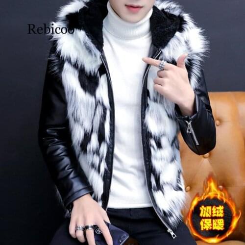 Men imitation fur one personality handsome leather hooded youth winter with velvet with thick leather jacket