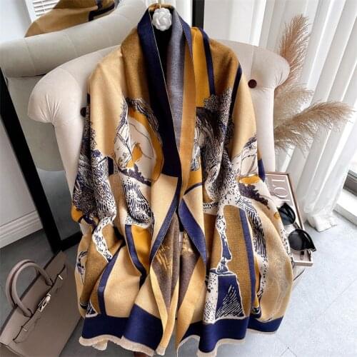 2021 New Winter Cashmere Scarf Women Horse Shawls Fashion Pashmina Thick Warm Wraps Female Geometric Print Blanket