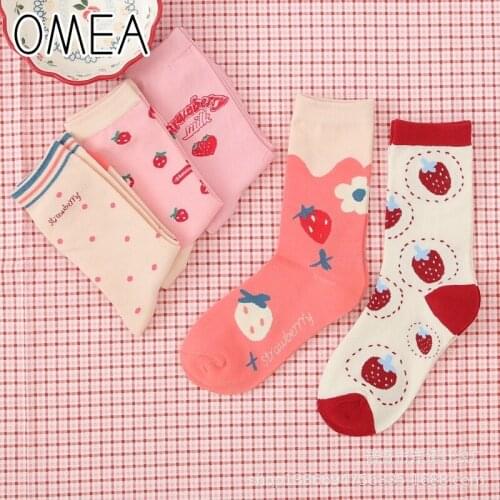 OMEA Cotton Women Socks Strawberry Girls Socks Sweet Fashion Socks Pink Dot Kawaii Peach Long Socks Christmas Gift Embroidery