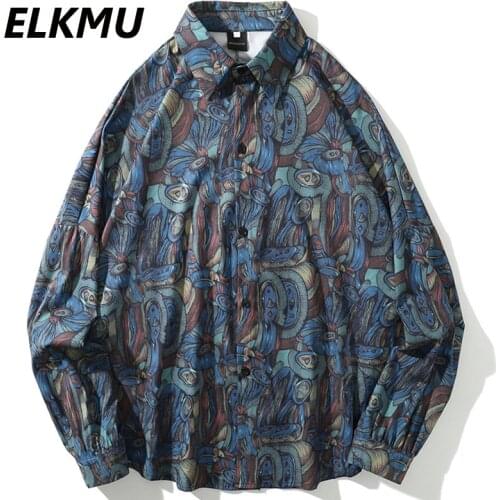 ELKMU Vintage Graffiti Print Shirt Men Streetwear Harajuku Long Sleeve Shirts Autumn Fashion Button Blouse Holiday Tops HE318