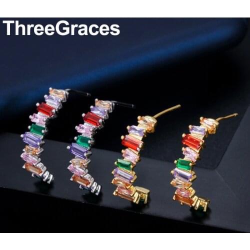 ThreeGraces Fancy Multicolor Irregular CZ Stone European Gold Color Half Round Rainbow Hoop Earrings for Women Jewelry ER328
