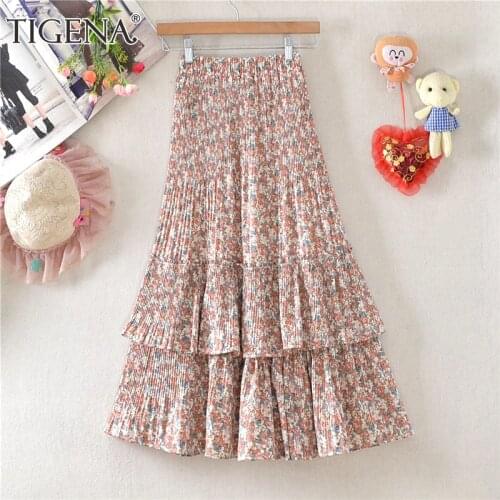 TIGENA Floral Print Chiffon Midi Long Skirt Women 2021 Summer Cute Tiered A Line High Waist Pleated Mid-length Skirt Female Lady