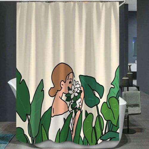 Flower Picker and Forest Illustration Shower Curtain Set with 12 Hooks Bathroom Decoration Waterproof Polyester