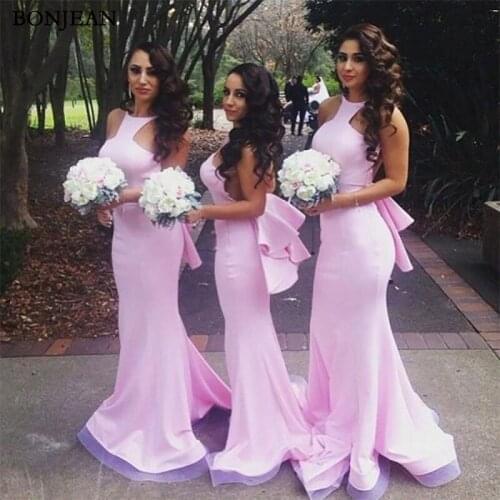 Sexy Bridesmaid Dresses Fitted Mermaid Jewel Neck Halter Backless Light Purple Wedding Party Formal Wear with Ruffles