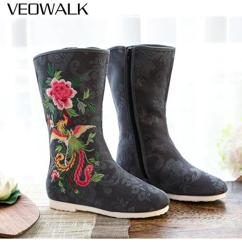 Veowalk Phoenix Embroidered Women Jacquard Mid Boots with Inside Wedges Autumn Ladies Cotton Fabric Shoes No-Slip Bottoms