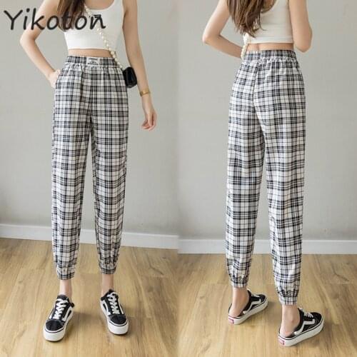 Korean Fashion 2021 Summer Women Loose Plaid Pants Harajuku Elastic Waist Femme Cropped Trousers Streetwear Simple Harem Pant