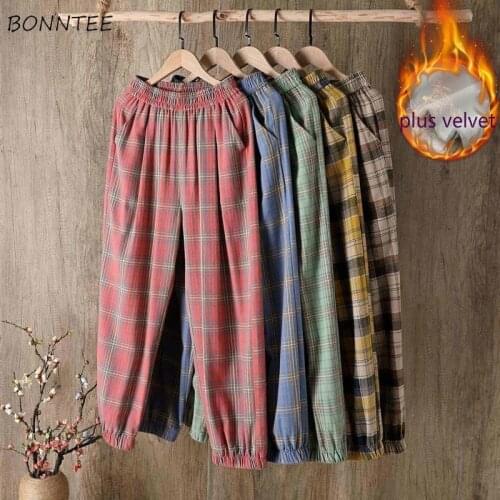 Ankle-length Pants Women Loose Harem High Waist Casual Plaid Plus Velvet Thicker Large Size All-match Trendy Korean Style Warm