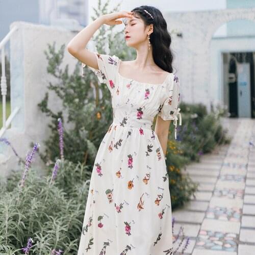 Vintage Floral Dress Women Square Neck Elegant Bow-Knot Gentle Temperament Vestido 2021 Summer New French Platycodon White Dress