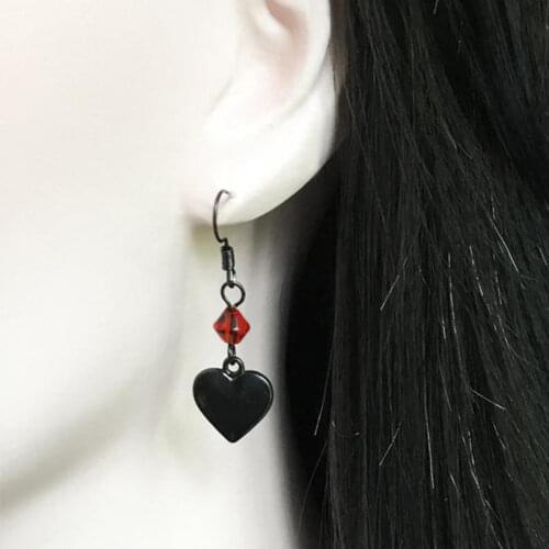 1pair Black Heart Earrings with Red Crystal Beads, Gothic Victorian, Gothic Earrings