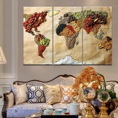 3Pcs World Map Made Up of Grains Poster Print on Canvas Wall Art Pianting Modern Abstract Colorful Picture for Living Room Decor