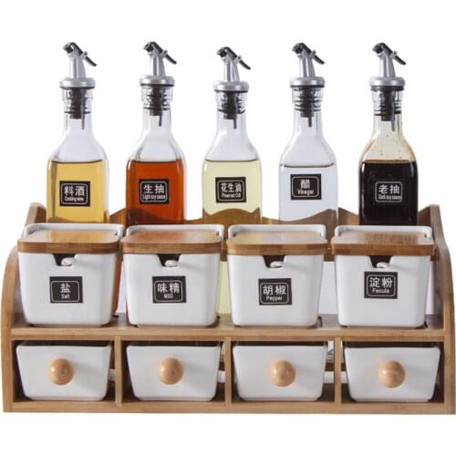 Bamboo flip-top square jar, ceramic seasoning jar, household goods, creative bottle storage, seasoning box, kitchen set gift