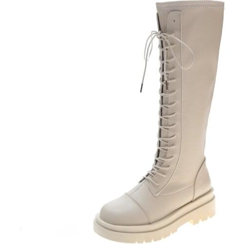 Boots Women Platform Boots Fashion Shoes Mid-Calf Round Toe Botas Mujer Flats Lace-Up Winter Shoes Woman Leather Thick Bottom