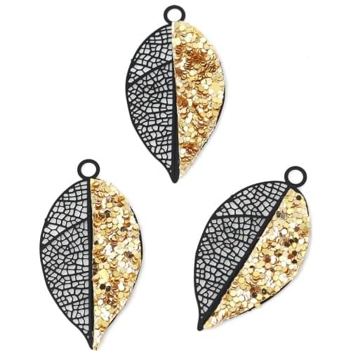 DoreenBeads Copper Pendants Leaf Black Multicolor Glitter Sequins Jewelry Accessories 37mm(1 4/8") x 19mm( 6/8"), 2 Pairs (4pcs)