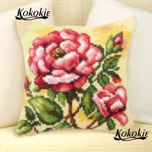 Diy needle throw pillow cotton embroidery yarn flower pattern rug pillowcase cross stitch sets sale Needlework Sets decoration