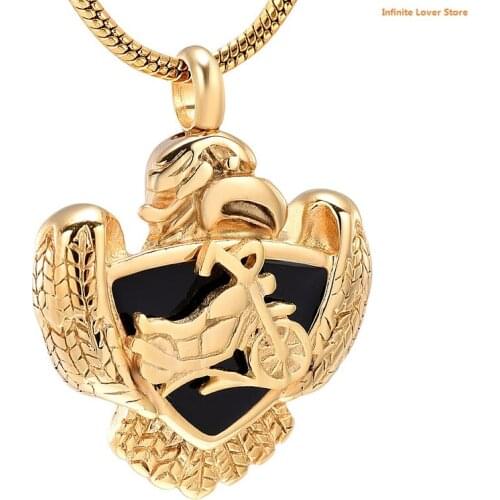 IJD8225 Gold Motorcycle On Shield With Eagle Cremation Pendant Necklace,Veteran Memorial Funeral Ashes Jewelry