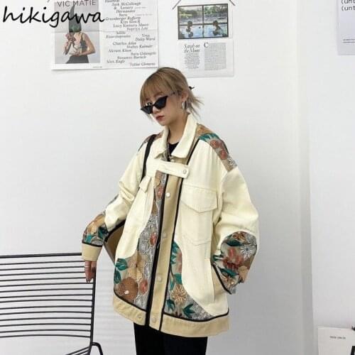 Hikigawa Embroidery Chinese Style Jacket Women Streetwear Patchwork Harajuku Hip-hop Loose Coat Temperament Fashion Outwear