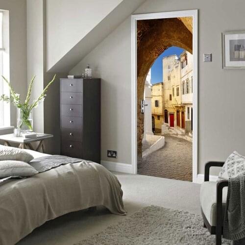 3D Removable Narrow Street Door Sticker 77x200cm For Bedroom Wooden Door Refurbished Mural Deccor Vinyl Self Adhesive Wallpaper