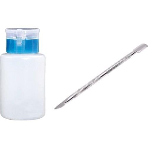Stainless Steel Nail Cuticle Remover Spoon Pusher 12cm & 150ML Nail Vanish Polish Remover Pump Dispenser Bottle (Blue)