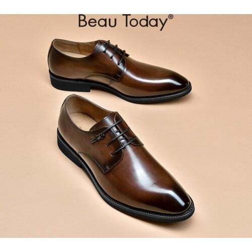 Formal Shoes Men Genuine Cow Leather Derby Male Lace-Up Round Toe Business Suit Wedding High Quality Handmade BeauToday 51046