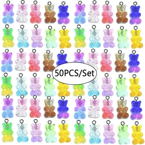 50pcs/ 22*11mm Resin Bear Charms Flatback Gummy Little Bear Glitter Charm Pendant for Necklace Earring DIY Jewelry Making