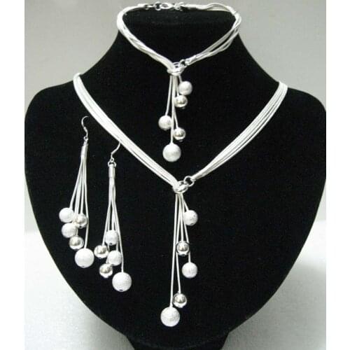 Silver plated sets for women - Top Quality / Wedding Jewelry / Silver Beads Ball Necklace & Bracelets&Earrings set