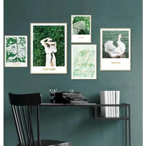 Nordic Green Poster and Print White Dress Girl Swan Leaves Golden Quotes Canvas Painting Wall Art Modern Home Decor Living Room