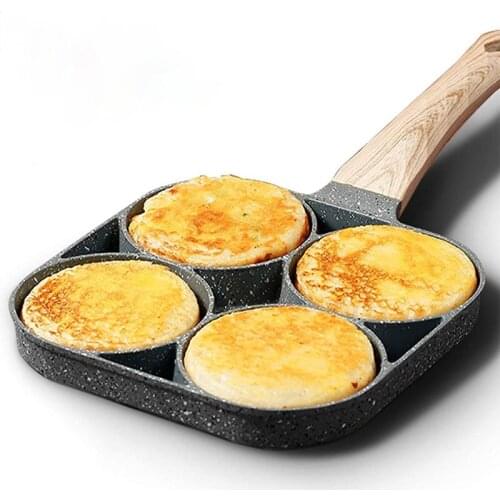 4 Hole Frying Pan Non Stick Breakfast Burger Egg Pancake Maker Wooden Handle Medical Stone Four Hole Omelet Pan