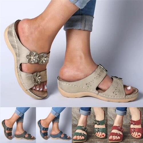 Womens Shoes Summer Outdoor Flat Open Toe Comfortable Wedge Slippers Casual Womens Flowers Roman Slippers 2021