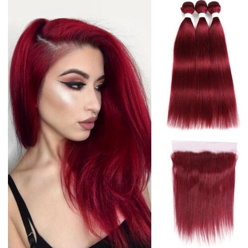 99J/Burgundy Red Color Bundles With Frontal 13x4 SOKU Brazilian Straight Human Hair Weave Bundles 3/4PCS Non-Remy Hair Extension