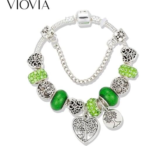 VIOVIA Vintage Silver Color Charm Bracelet with Tree of Life Pendant Green Crystal Ball Brand Bracelet Dropshipping B19039