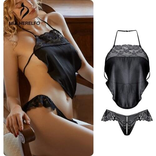 Womens Stitching Perspective Mesh Halter Nightwear Sleeveless Lace-Up Female Homewear Lace Open Crotch Underpant Sleepwear Set