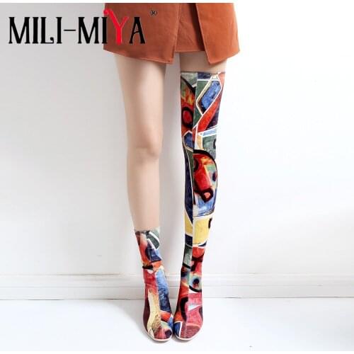 Multicolor elastic Sock long boots women round toe Sexy Ladies high heels Shoes Slim Thigh high boots for women big size