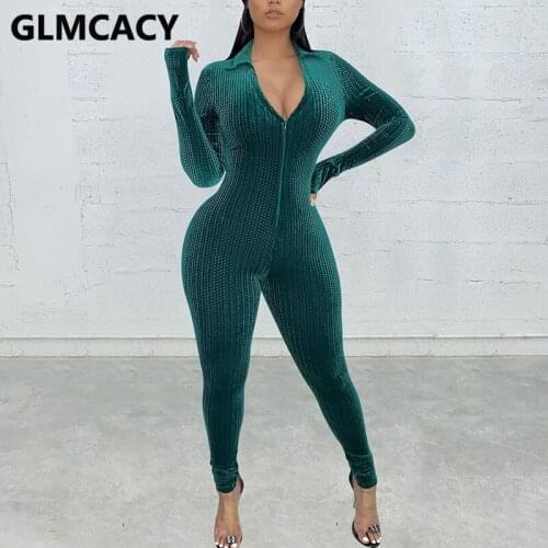 Women Long Sleeve Zipper Front Slim Jumpsuit Elegant Ribbed Casual Overalls