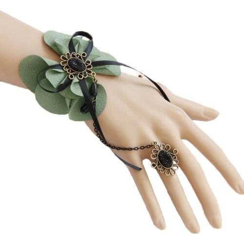 Handmade Big Flower Bow Tie Ribbon Black Rhinestone Lace Adjustable Ring Bracelet Slave Set Gothic Lolita Womens Fashion Jewelry