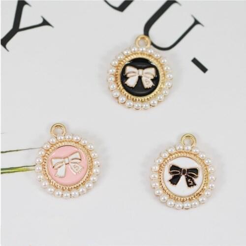 10pcs/lot small 15mm Round Bow With Pearl Enamel Charms Pendant Jewelry Accessories fit Earring Necklace DIY Craft mini size