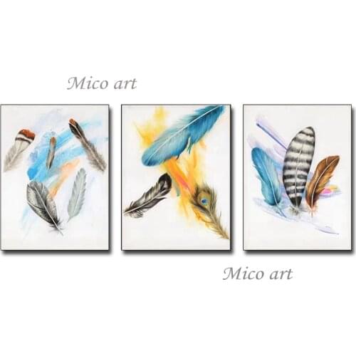 3 Panel Abstract Colorful Feather Canvas Oil Painting Pure Hand Drawn Modern Home Wall Decoration Paintings Artwork Unframed Art