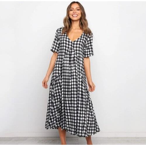 Ardm Casual Plaid Loose Holiday Style Black Summer Dress Oversize Short Sleeve V Neck Patchwork Midi Dress