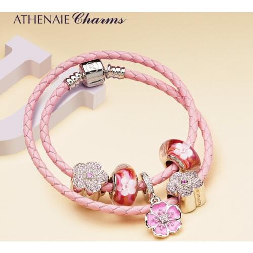 ATHENAIE 34CM Pink Double Braided Leather 925 Sterling Silver Bracelet with Plum Blossom Pendant and Flowers Charms Bracelet