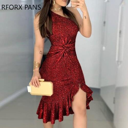 Glitter One Shoulder Twisted Ruffled Dress Sexy Dress Women Dress