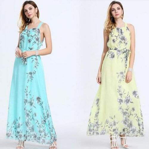 Bohemian Print Flower Sleeveless Sashes Ankle-length Spaghetti Strap party Slash Neck Beach Long Summer Dress Yellow Women Dress