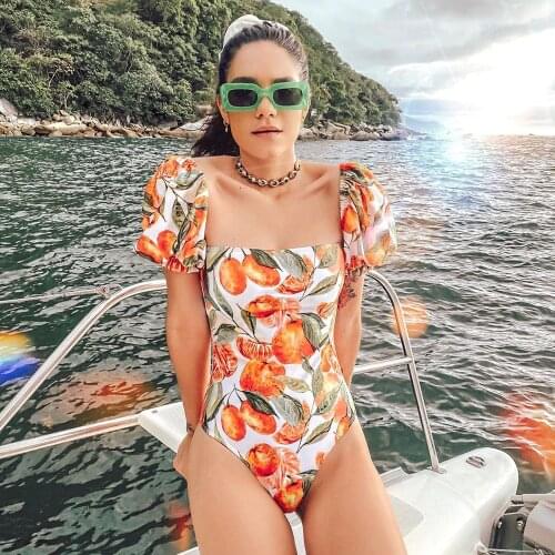One Piece Swimsuit 2021 Puff Sleeve Swimwear Women Print Monokini Square Collar Bathing Suit Sexy Bodysuit Floral Beach Wear