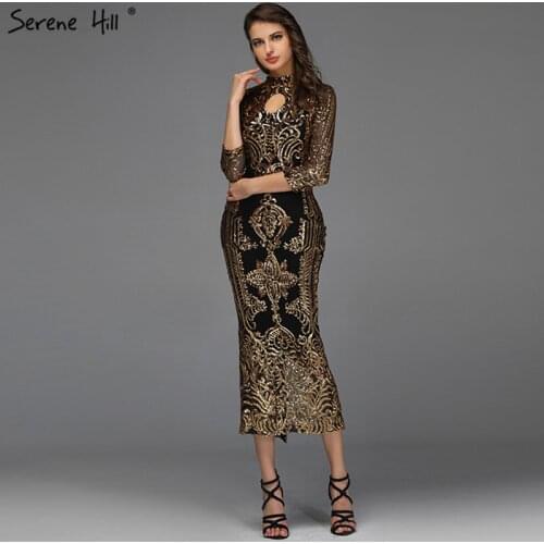 Black High Collar Sequined Evening Dresses Design 2019 Mermaid Sparkle Tea-Length Evening Gowns Serene Hill DQA8043