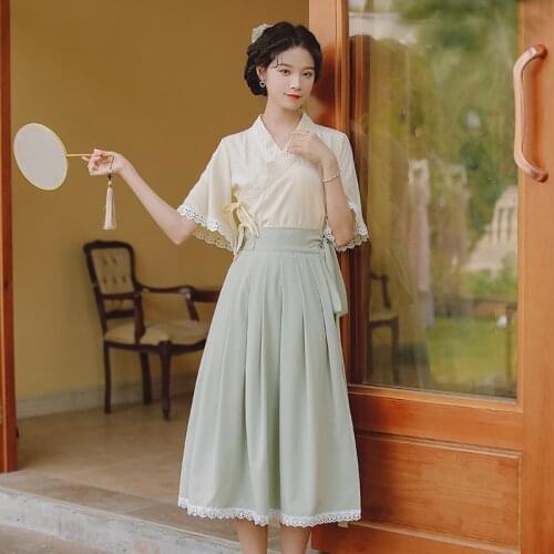 Women Hanfu Improve Chinese Traditional Folk Costume Cosplay Oriental Ancient Hanfu Suit Short Sleeved Top And Skirt Two Piece