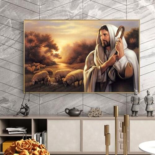 Jesus Herding The SheepOil Painting on Canvas Cuadros Posters and Prints Scandinavian Wall Art Picture Home Decor
