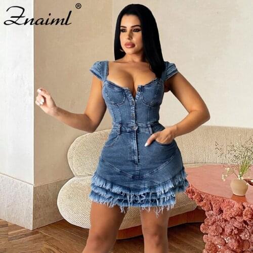 Znaiml Summer Denim Dress Women Party Laminated Flounces Mini Dresses Vintage Vestidos Robe Slim Ladies Office Shirt Jeans Dress
