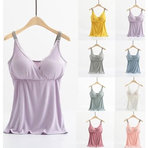 Women Summer Modal Cotton Breastfeeding Sling Vest Maternity Nursing V-Neck Lace Trim Tank Top Padded Cami Shirt Bra